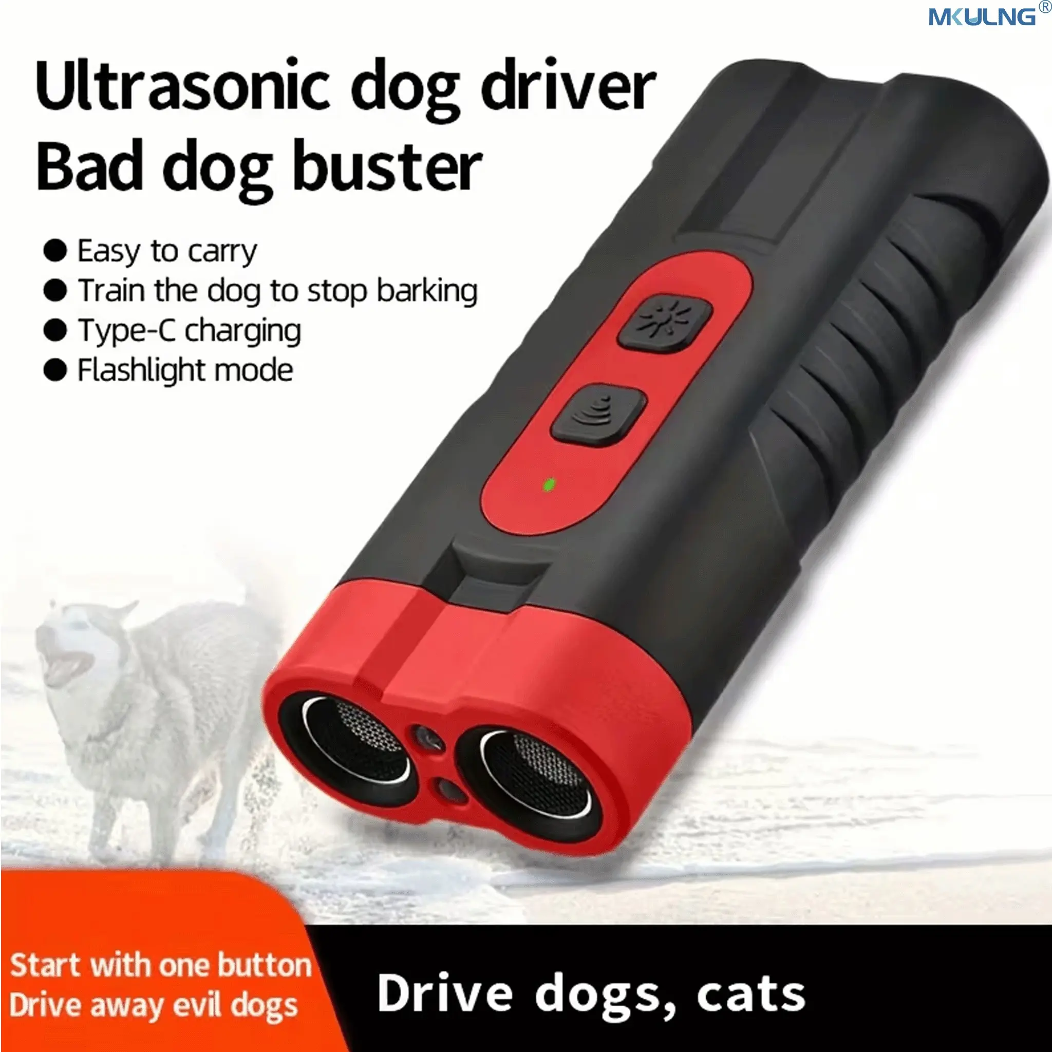 Qg-07 Ultrasonic Dog Barking Deterrent, USB Rechargeable, Dual Emitters, 50ft Range, 25khz Frequency, Flashlight, Portable Grip, Kit Included