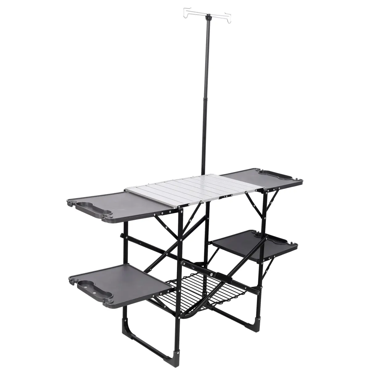 Aluminum Alloy Compact Camping Kitchen Table - Portable Outdoor Cooking Station with Heat Resistant Top, 4 Fold-Out Sides, Storage Rack, Lamp Post, Compartments, Slim Fold Tech, 51.75x21.25x50in (51.75" Length) for Camping, Tailgates, Black, 51.75 X 21.25