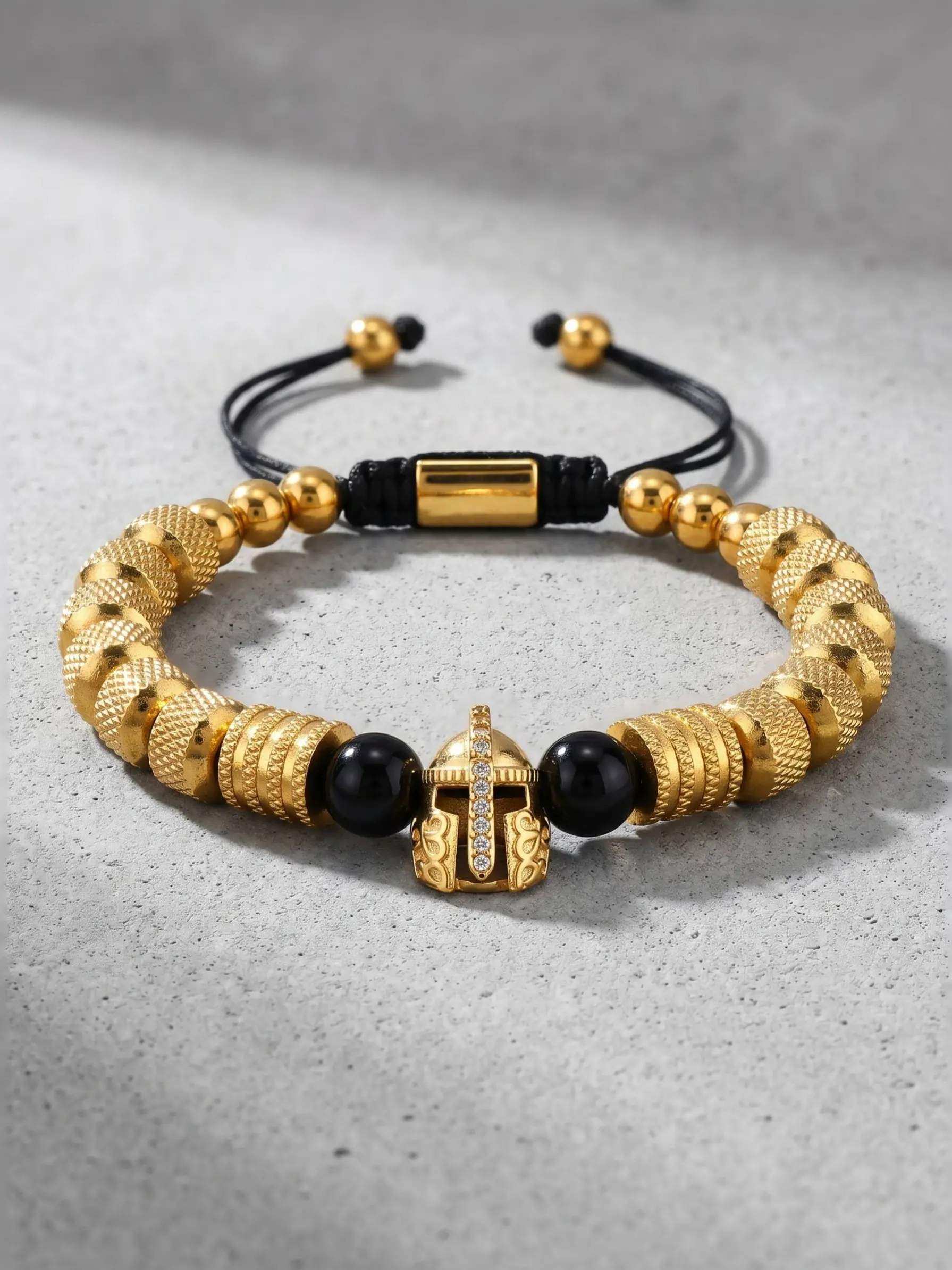 Men Spartan Warrior Helmet Black Onyx Gold Bead Braided Bracelet Design, Anti Tarnish Stainless Steel Adjustable Rope Wrist Jewelry, Gothic Biker Hip Hop Accessory Gift For Boyfriend Husband