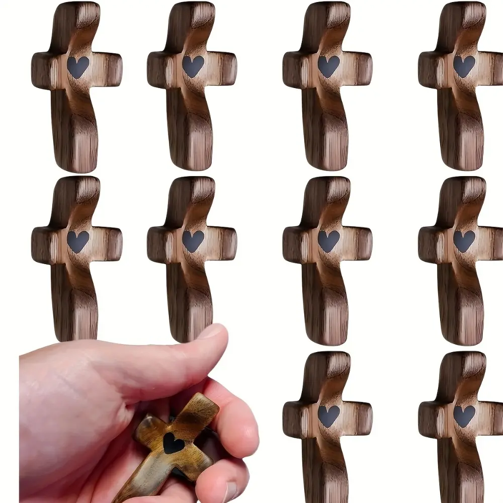 10pcs Handcrafted Vintage Wooden Cross with Heart Detail Smooth Pocket Cross for Prayer, Comfort Anxiety Relief Decorative Christian Gift for Home Or Travel