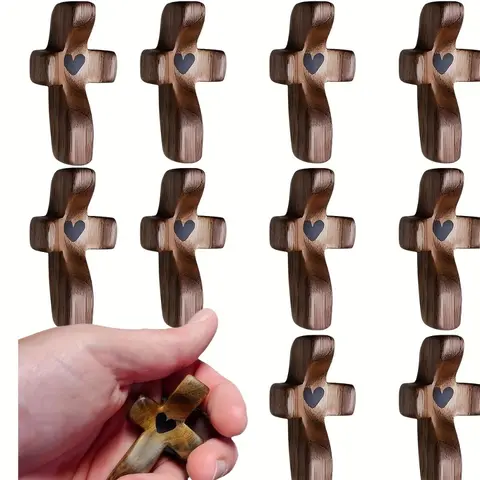 10pcs Handcrafted Vintage Wooden Cross with Heart Detail Smooth Pocket Cross for Prayer, Comfort Anxiety Relief Decorative Christian Gift for Home Or Travel Religious Decorations