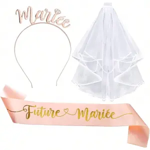 3Pcs Future Mariee Bridal Set, Bridal Headband + Veil + Bride Sash, Photo Prop Decor Supplies for Bachelorette, Bridal Shower and Wedding Party Decoration
