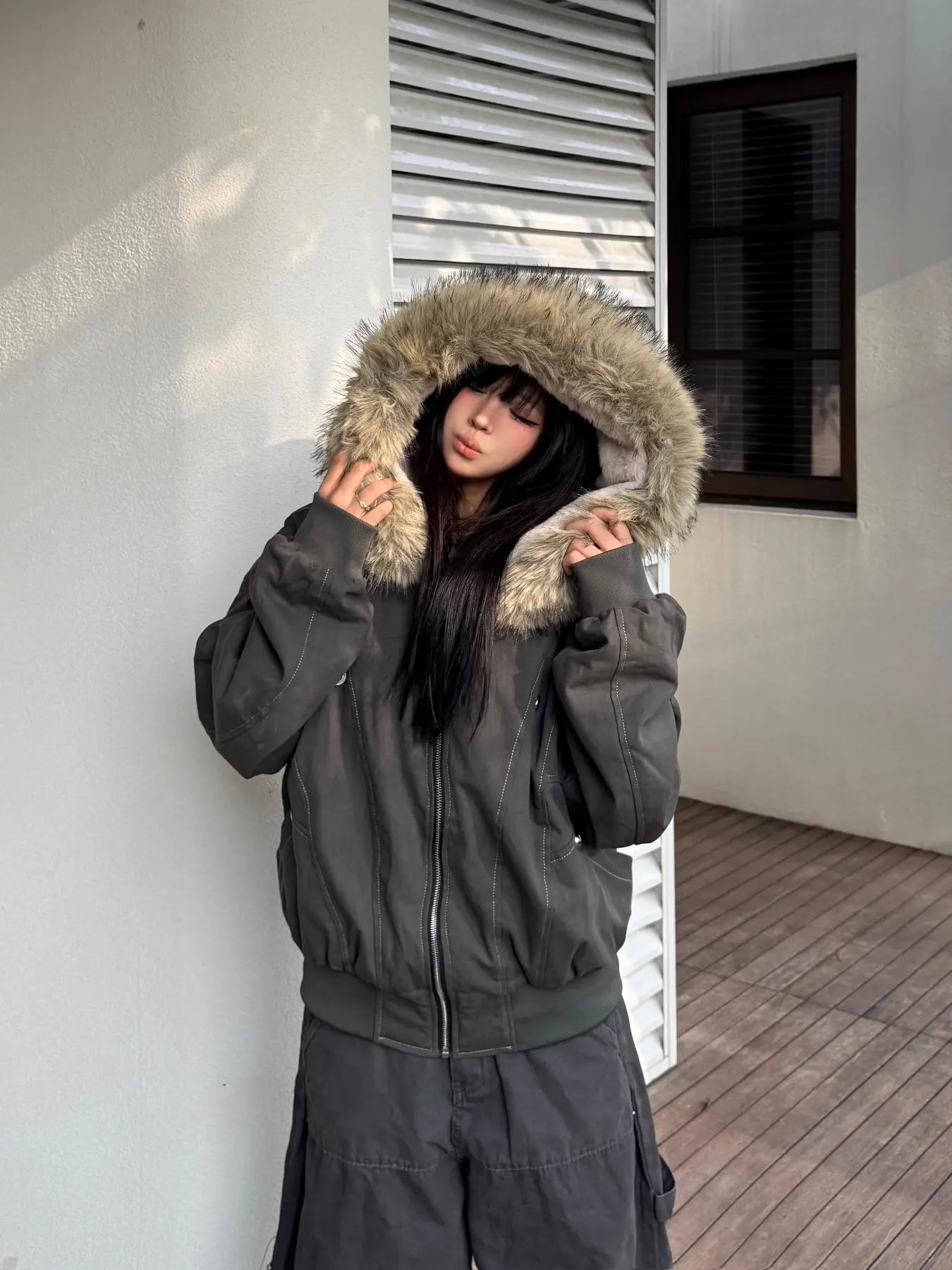 2026 Fall Winter New American Retro Deconstructed Casual Hooded Rabbit Fur Coat for Women, Loose Large Fur Collar Thick Warm Unique Design Workwear Jacket