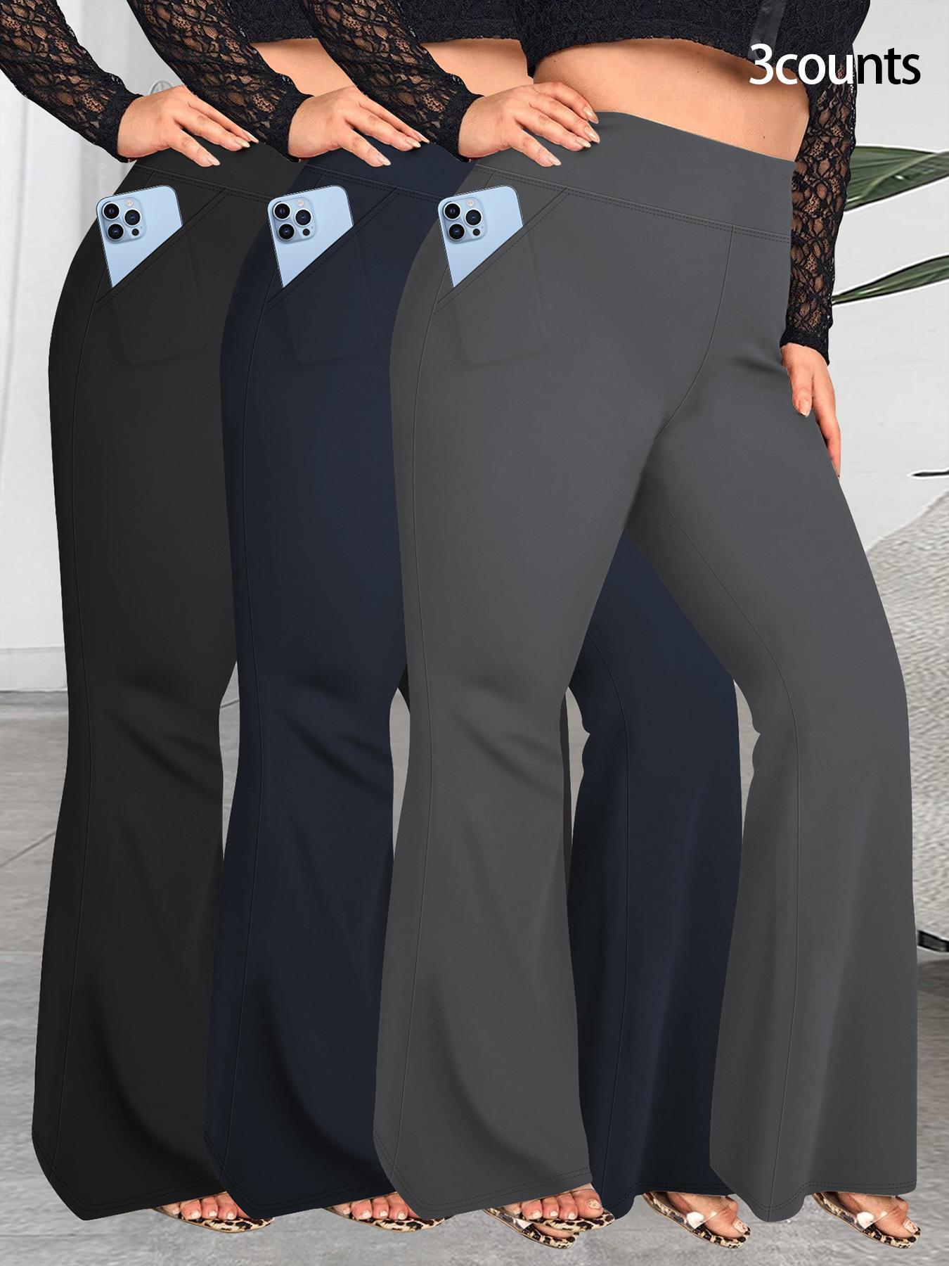 【 Plus Size】 Solid High Waist Flare Leg Pants, Casual Fashion Pants, Casual Comfy Pocket Design Bell Bottom Pants for Daily Wear, Women's Bottoms for All Seasons