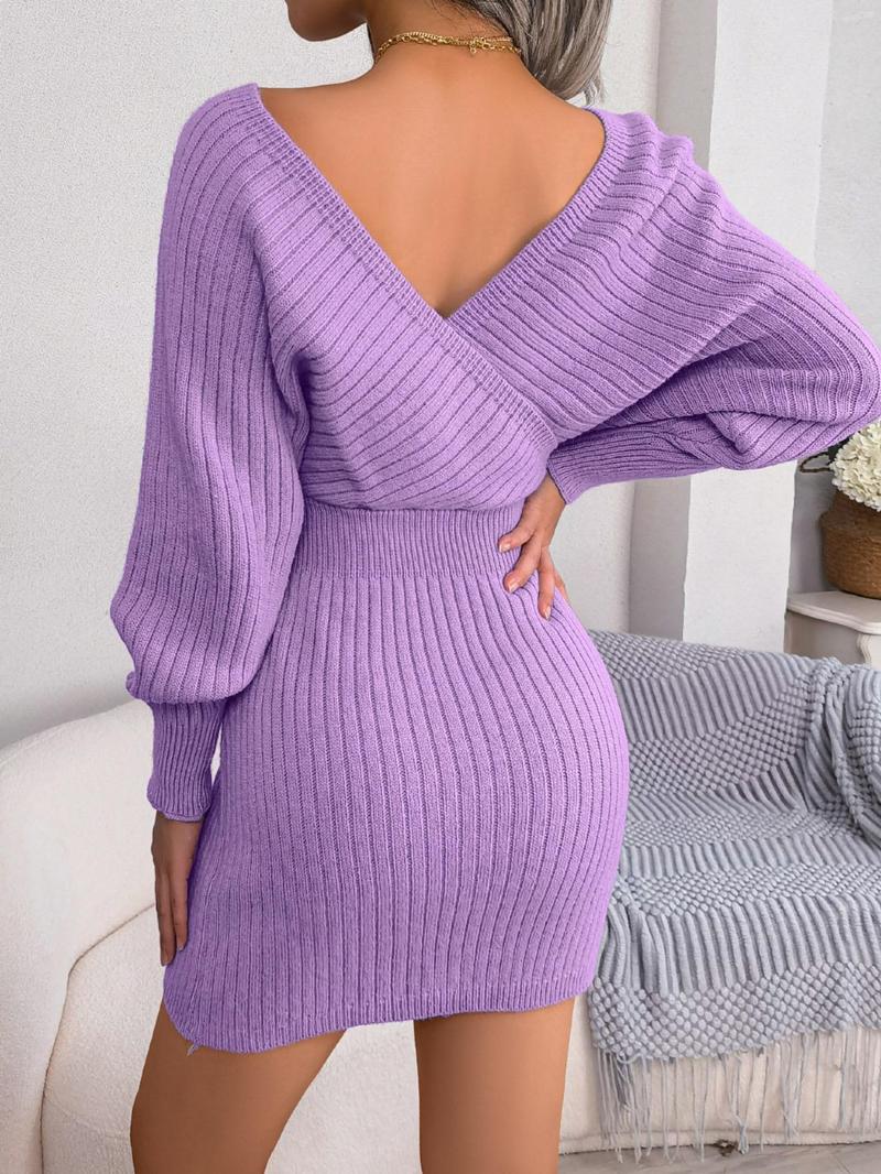 Women's Plain Wrapped V Neck Leg-of-mutton Sleeve Sweater Dress, Slim-fit Long Sleeve Bodycon Jumper Dress, Womenswear