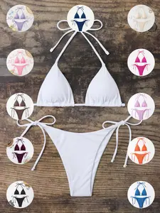 Pure Color Swimsuit Two-Piece Set, Halter Triangle Top & Cheeky Bottoms, Summer Beach Vacation Choice, Women's Swimwear