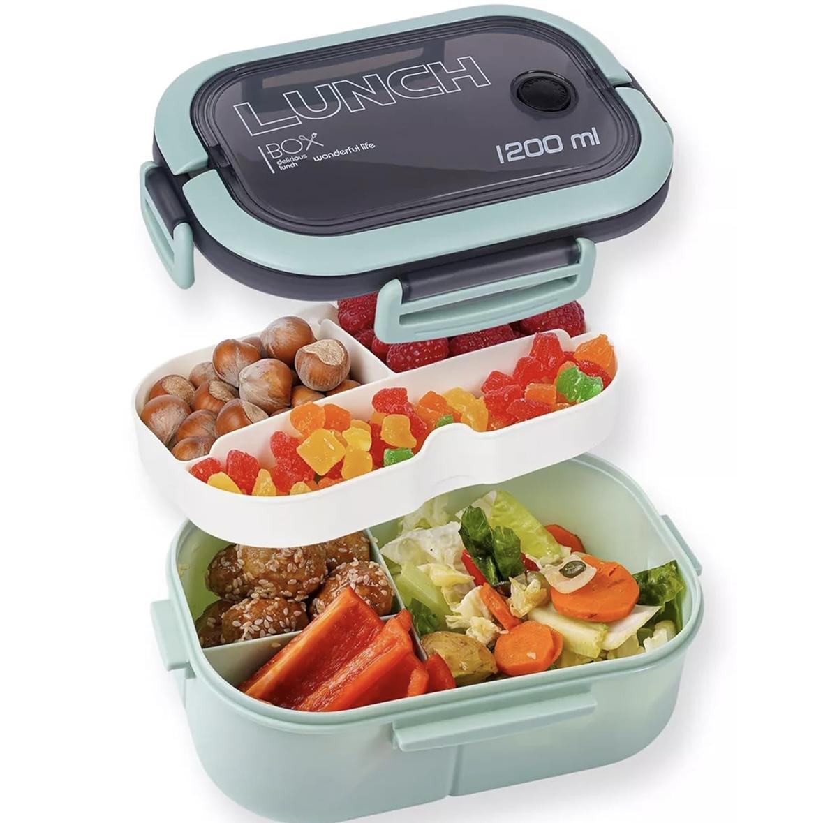 Double Layer Lunch Box with Compartments, Microwave Safe Reusable Plastic Food Container Set, Durable & Dishwasher Friendly, Ideal for School Work Use