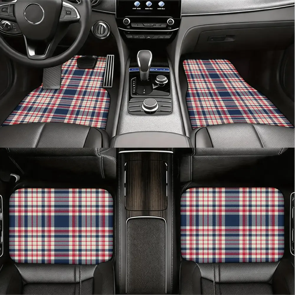 Classic Style, Car Floor Mats, Red Blue White Plaid Pattern, Non-Slip Rubber Backing, Universal Fit For Sedan Suv, 4 Piece Set Front And Rear