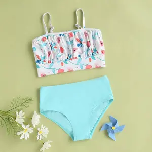 Little Toddler Girls 2 Piece Bikini Swimsuit, Adjustable Spaghetti Strap Floral Ruffle Crop Top with Solid High Waist Bottom Bathing Suit, Soft Stretch Quick Dry Kids Swim Outfit for Summer Beach Pool Vacation