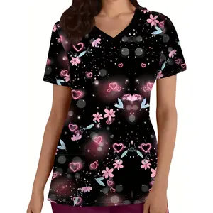 Romantic Cute Heart Print V-Neck Scrub Top, Short Sleeve Pocketed Nurse Uniform, Women'S T-Shirt