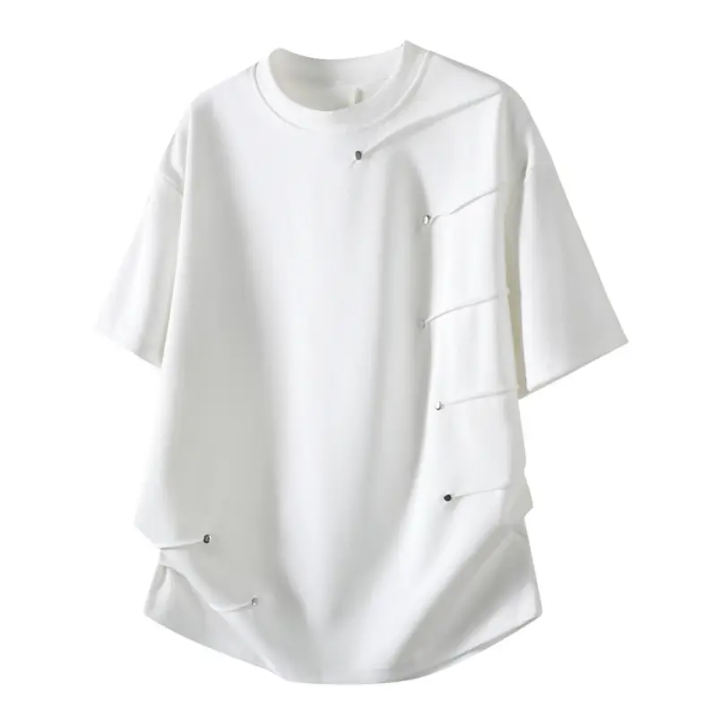 Men's Streetwear T-Shirt, Solid Crew Neck Short Sleeve with Rivet Split Detail, Lightweight Breathable Fashion Fabric, Tops, Plain, Shortsleeve, Casual, Cold Wash, Minimalist, Normal Type, Stylish, Tshirt, Rivets, Polyester, Jeans