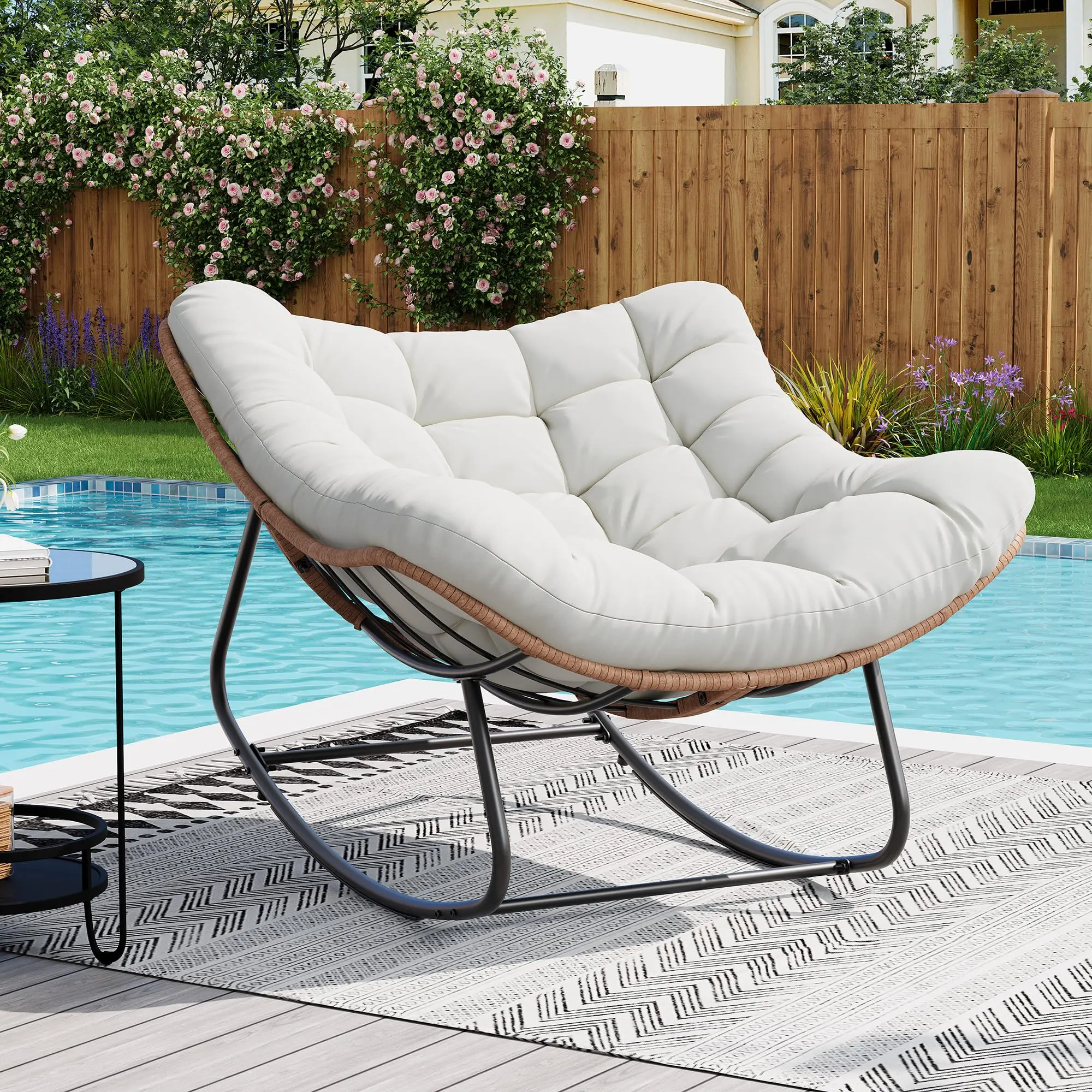 Oversized Papasan Rocking Chair for Outdoor & Indoor, 450LBS Capacity Oversized Patio Rocking Chair for 2-Person with Cushion and Frame,Comfortable Rocker for Garden, Deck, Living Room,
