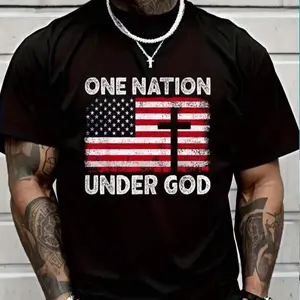 One Nation Under God" Christian Patriotic Cotton T-Shirt, American Flag & Cross Comfort Tee, Religious Fashion Outfit, Oversized Casual Shirt, Fourth Of July & Faith Gift For Him