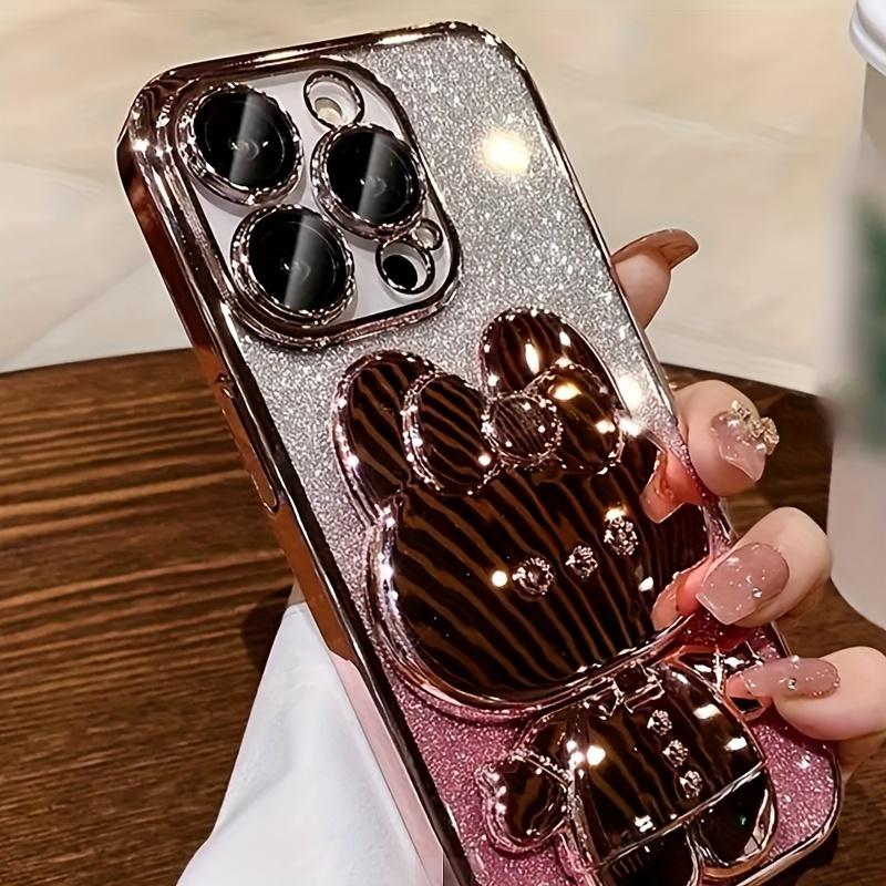 Glitter Electroplated Phone Case With Cute Rabbit Hidden Mirror Stand, Shockproof Slim Protective Cover Compatible With Smartphones 11-17 Pro Max