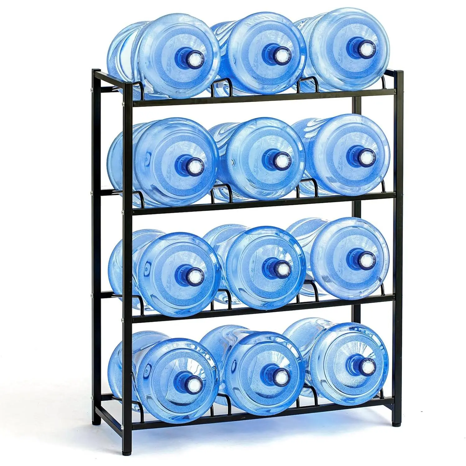 Heavy Duty Rectangular 5 Gal Water Dispenser Jug Holder, 4-Tier Storage Rack with 12 Slots for Gal Jugs (Black)