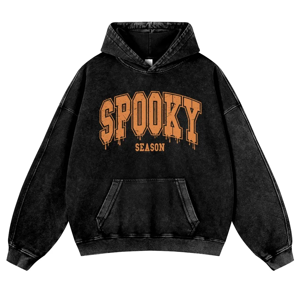 Menswear Hoodie - Unisex 380g Vintage Washed DTG Print Tops, Soft Longsleeves, Spring Fall Halloween Aesthetic, Orange Drip Texture, Spooky Season Varsity Letter Front Print, Casual Oversize Pullover, Jeans-Coordinating Durable Thick Fabric