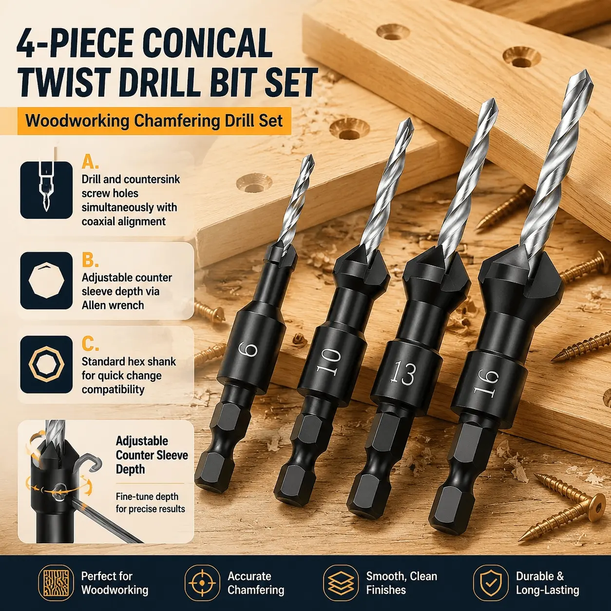 4-Piece HSS Hex Shank Countersink Drill Bit Set for Woodworking, Pilot Hole Tool for #6 #10 #13 #16 Screws, Deburring Chamfer Tool, High-Speed Steel Metal Bits with Quick-Change & Anti-Slip Design, Professional Furniture Assembly Kit