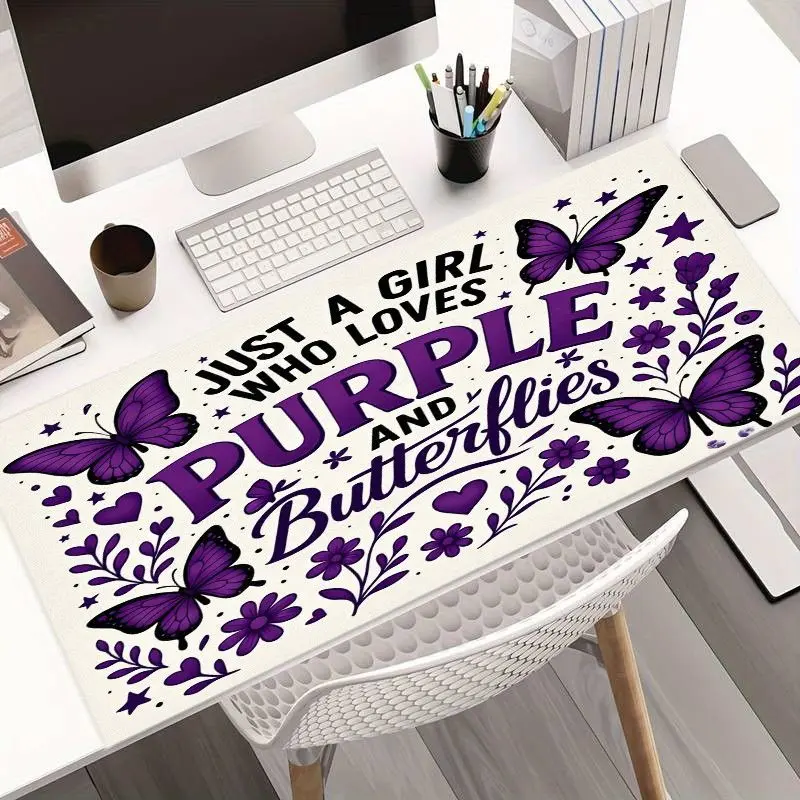 Women's desk mouse pad, purple butterfly and flower design, 'JUST A GIRL WHO LOVES PURPLE AND BUTTERFLIES' printed, personalized desktop decoration suitable for home and office use