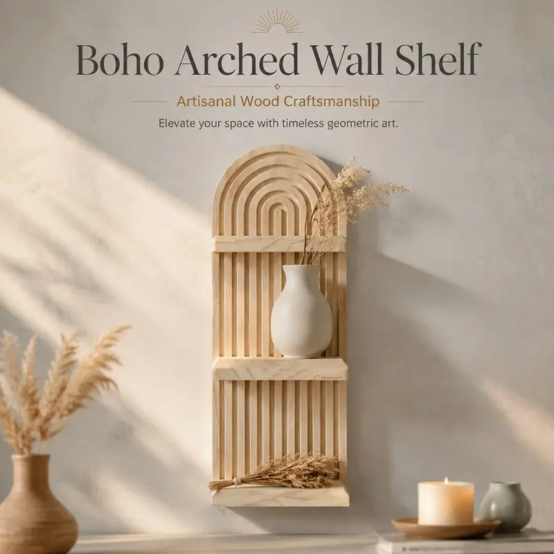 Boho Arched Wooden Wall Shelf, Handcrafted Vertical Slatted Floating Wall Rack for Farmhouse Living Room Bathroom Entryway Decor