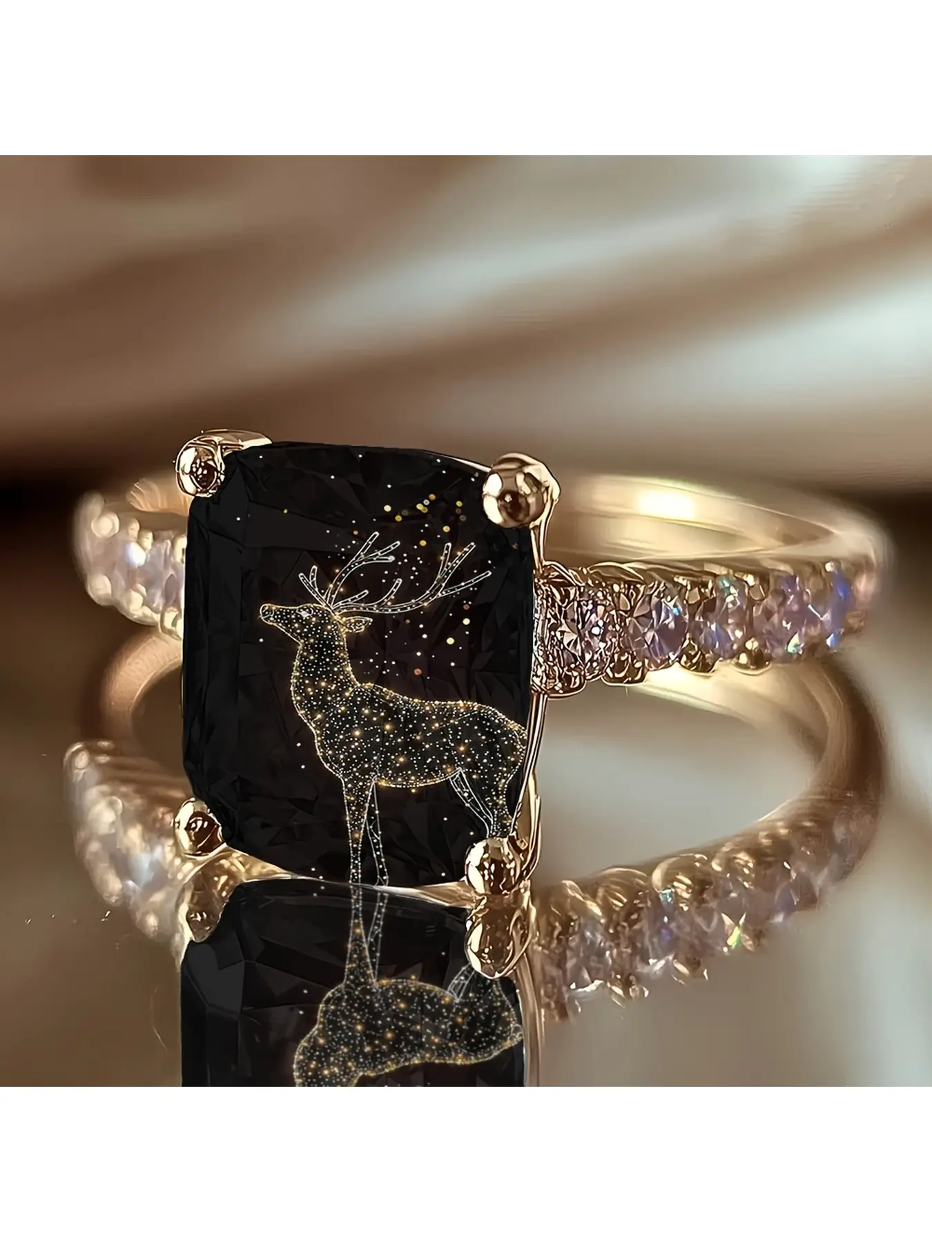 Rectangular Starlight Elk Embroidery Ring - Black background with golden star points and small elk pattern ring. Eclectic and beautiful Christmas-themed decoration for ladies, creating a gentle and romantic atmosphere. Gift for women.