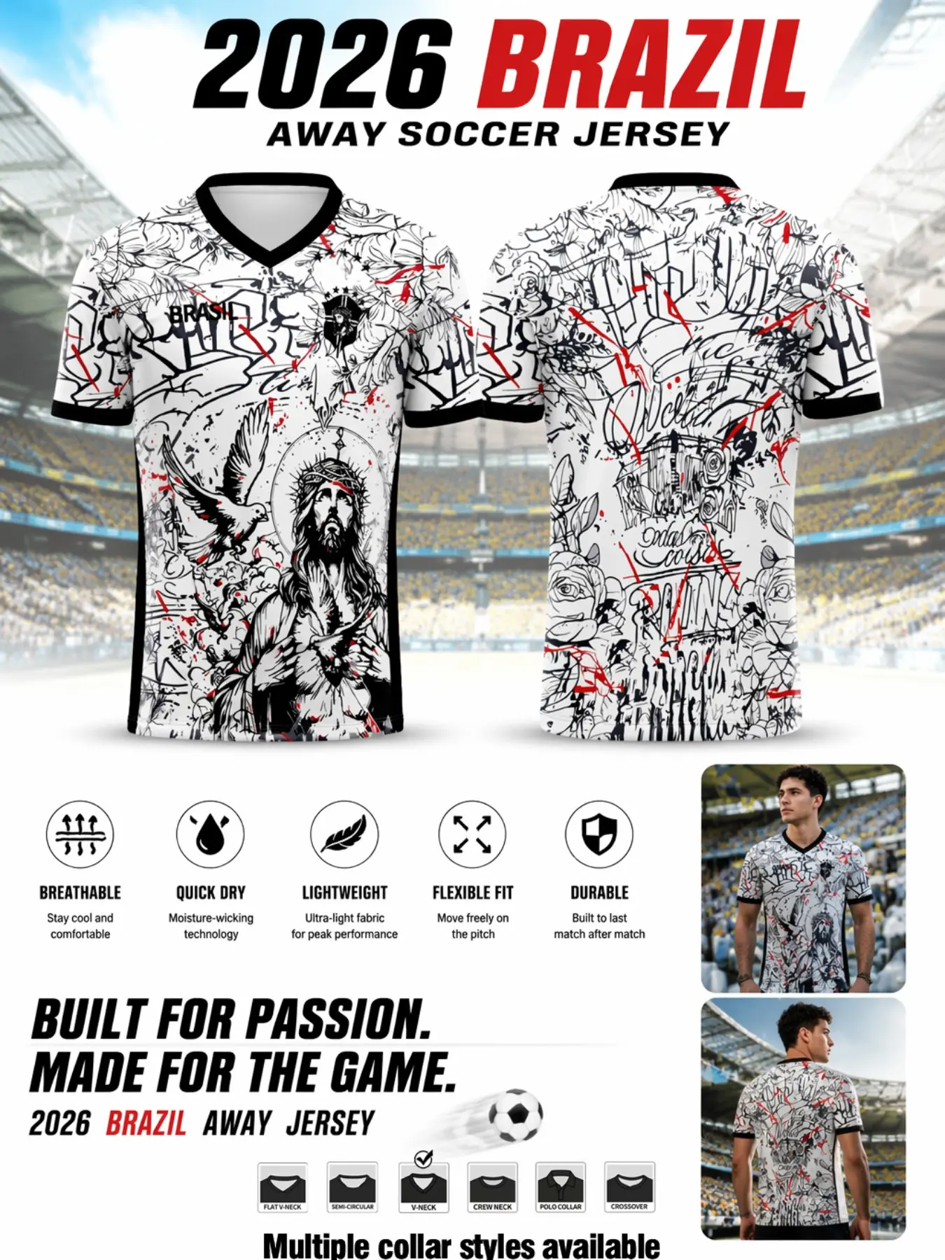 Men's Brazilian Sport Short Sleeve Jersey, Streetwear Tee with Graffiti Print, Ink Design, Ideal for Sports & Daily Wear