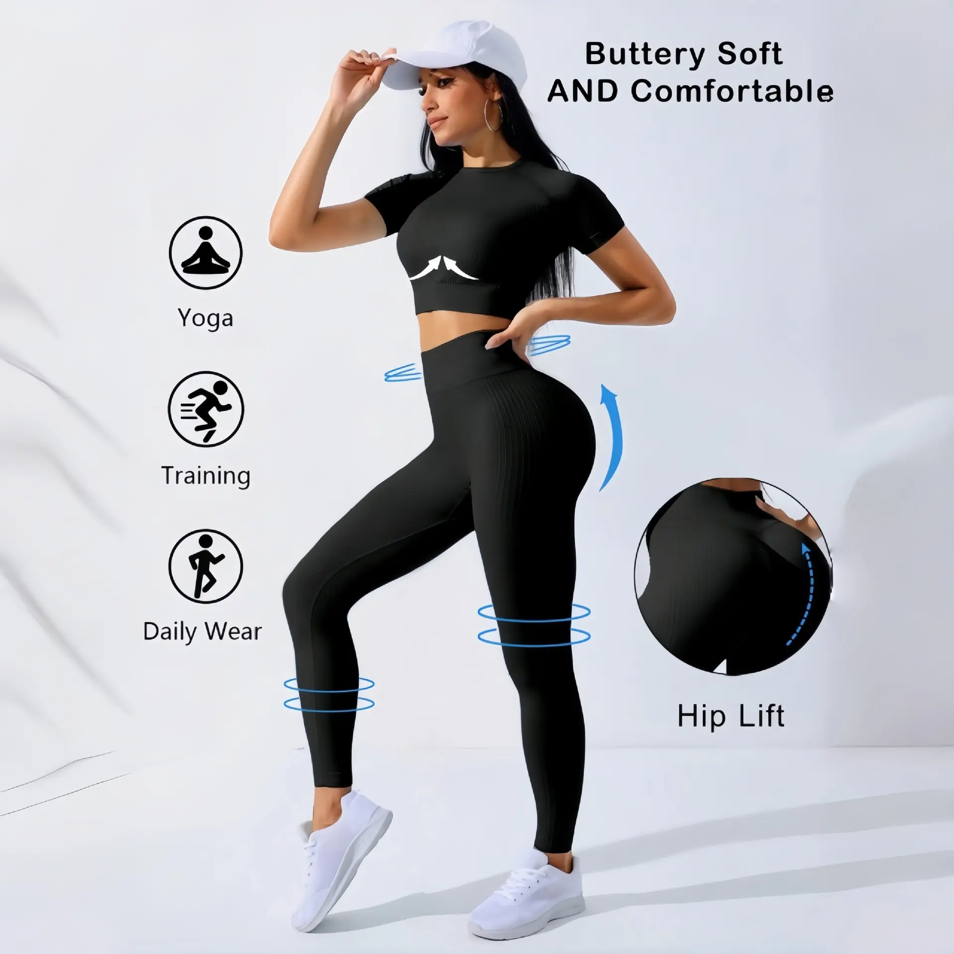 Women's Ribbed Two Piece Workout Outfits, Short Sleeve Crew Neck Crop Sports Bra & High Waist Butt Lifting Leggings Set, Tummy Control Seamless Yoga Activewear Suit for Gym Pilates Running Training