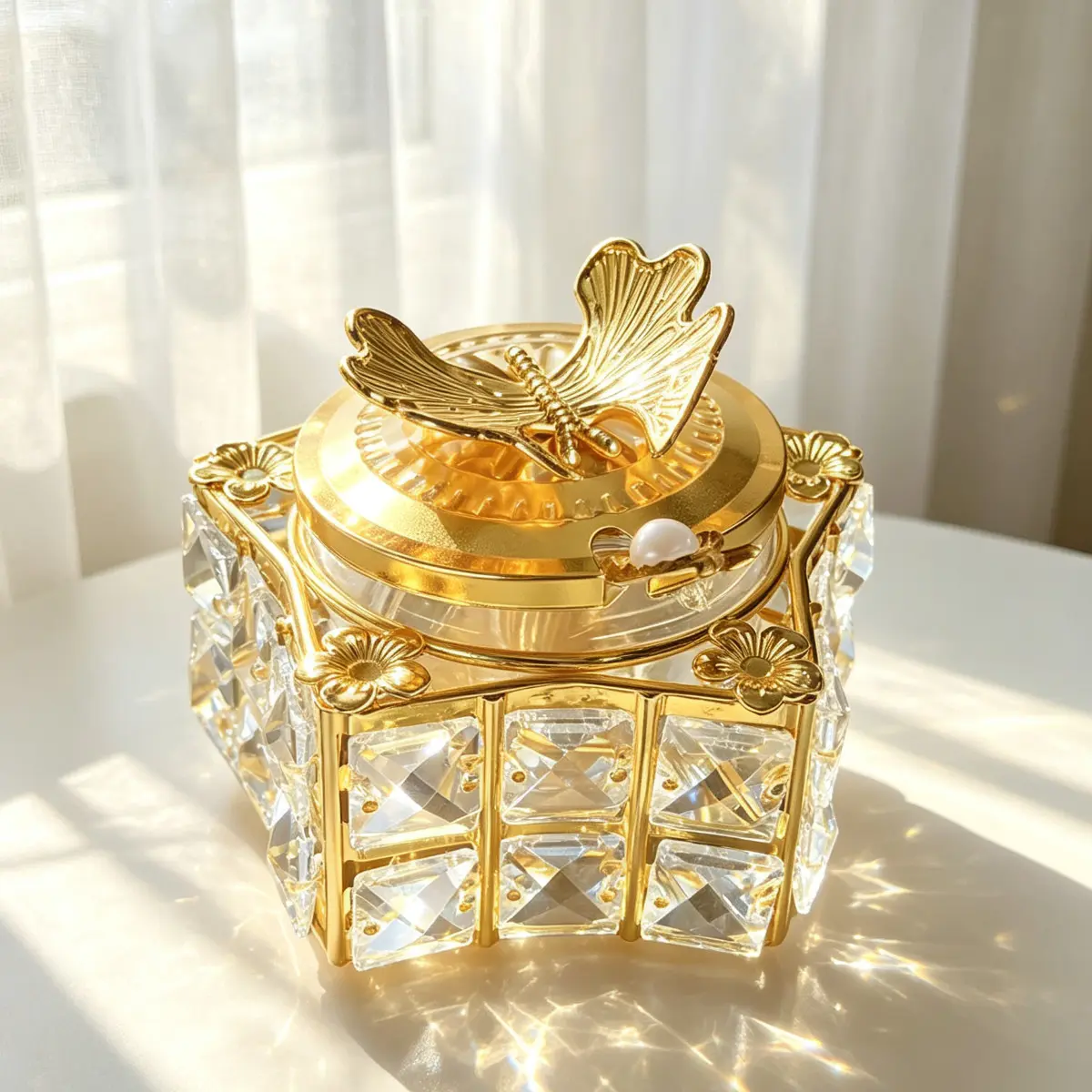 Star-Shaped Crystal Sugar Bowl, Baroque Style Luxury, Diamond Rhinestone Frame, 3D Dragonfly Lid, Pearl Spoon Holder, Coffee and Tea Decor