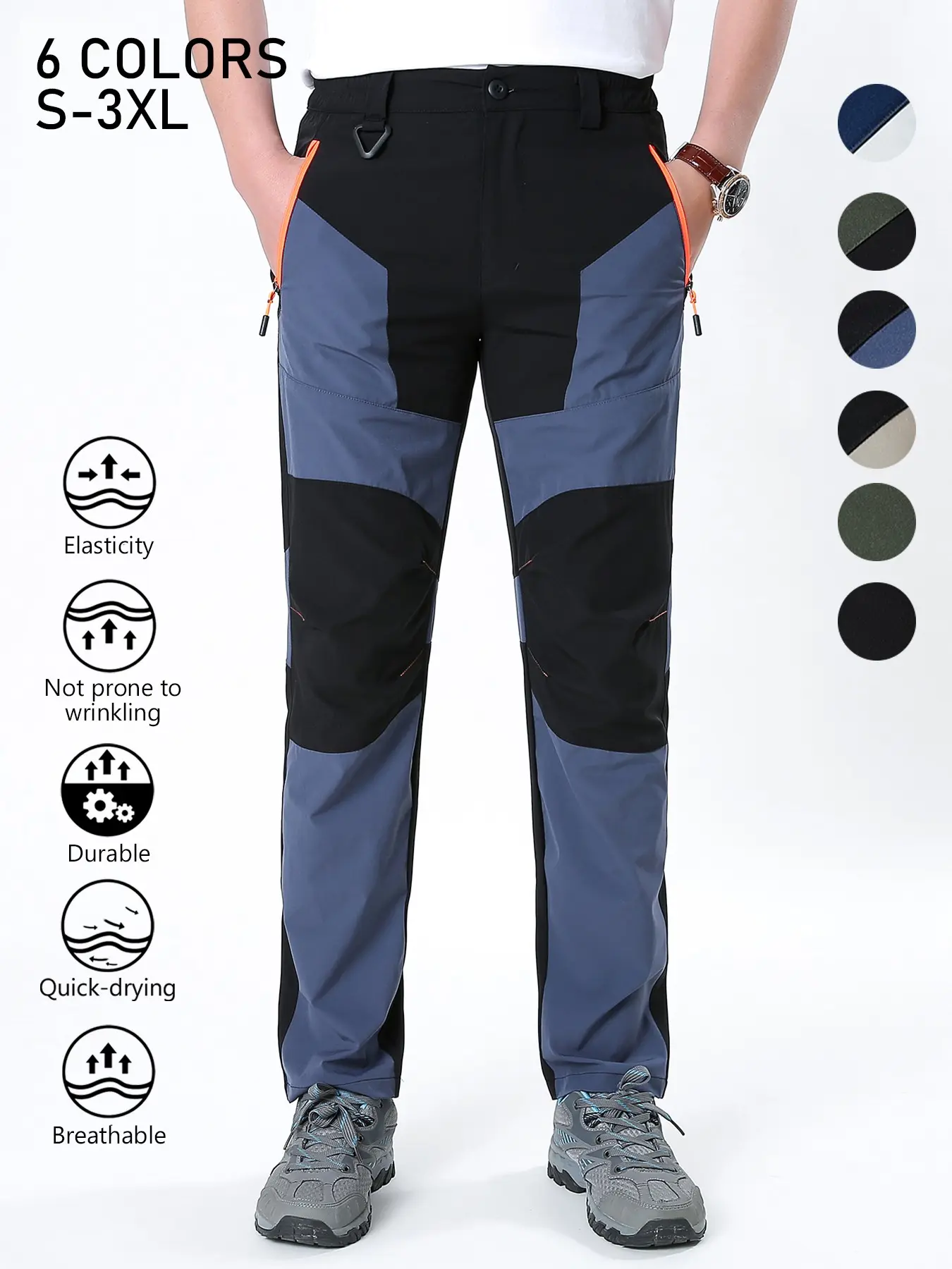 Men's Color Block Quick Dry Hiking Pants, Elastic Waist Breathable Stretch Outdoor Trekking Trousers, Wrinkle Resistant Durable Straight Pants with Zipper Pockets for Mountaineering Cycling Fishing Summer Sports Daily Wear, 6 Colors Available Sizes S-3XL