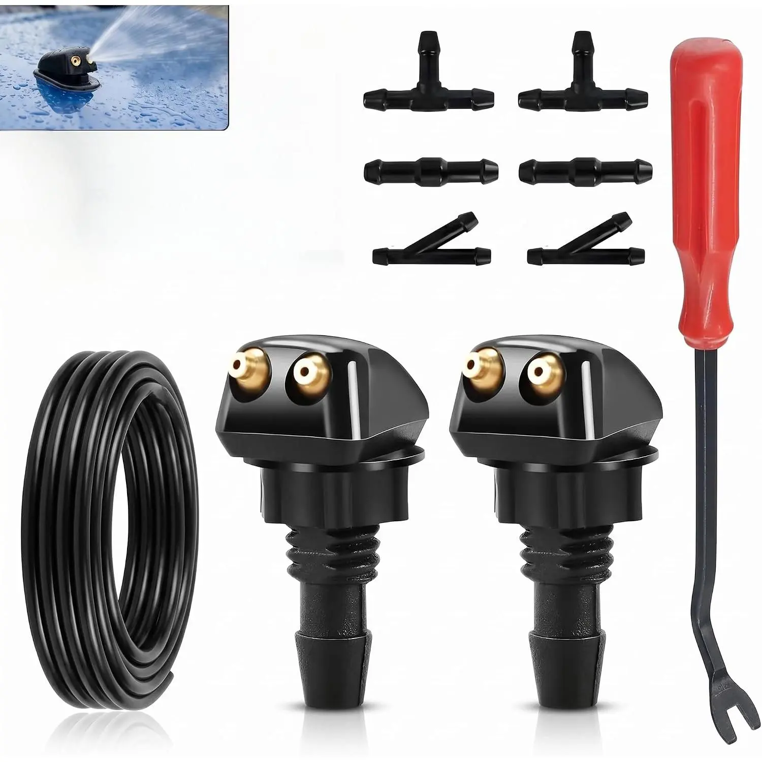 10 count Windshield Washer Nozzle Kit, Adjustable Front Windscreen Fan   Jet, 2 Double-hole Washer Sprayer with 4 Accessories & 6.56 Ft Hose,  for   (Black)