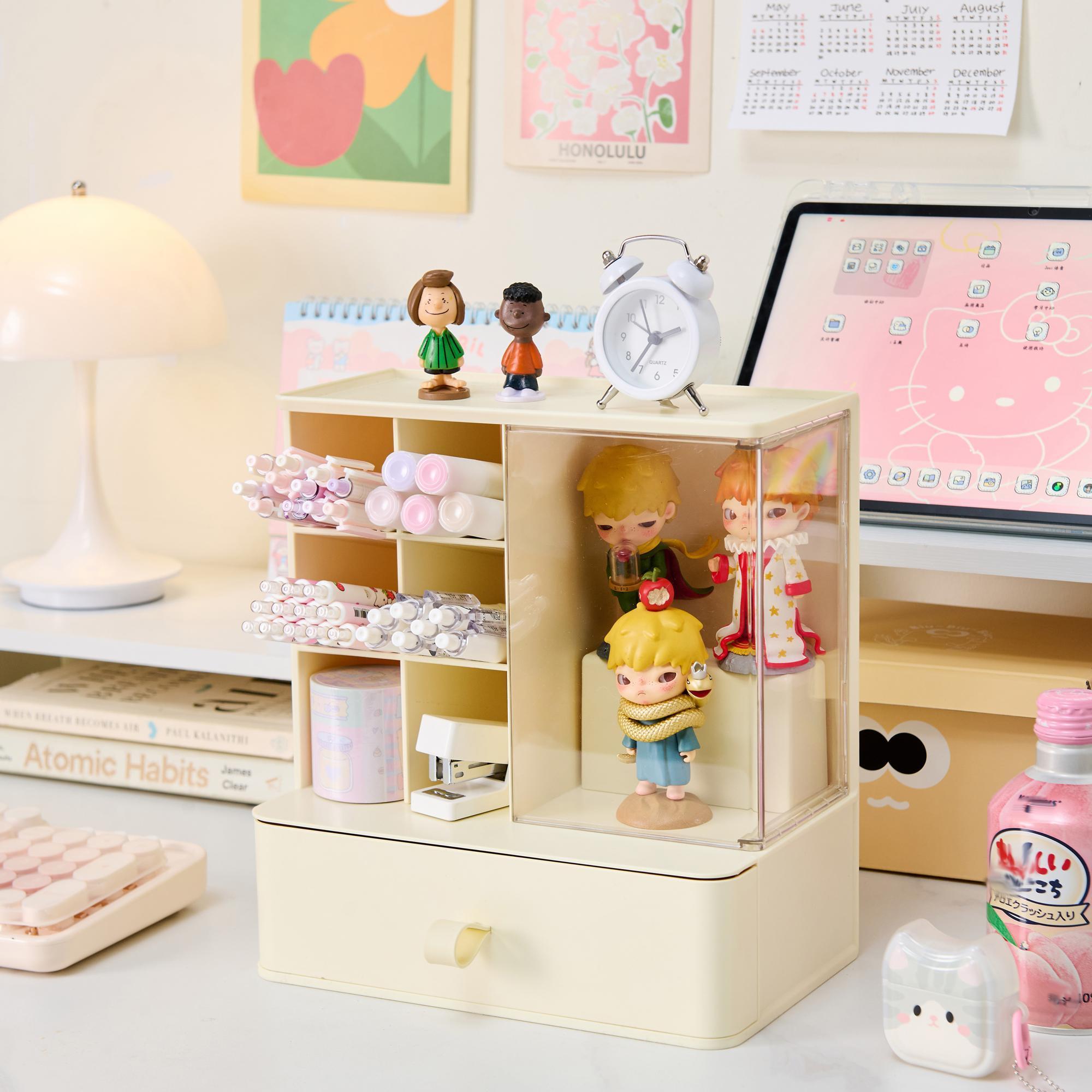 Desktop Stationery Tool Storage Box, Figure Display Case, Multi-Layer Pen Holder, Designed for Toy Collectors & Figurine Enthusiasts