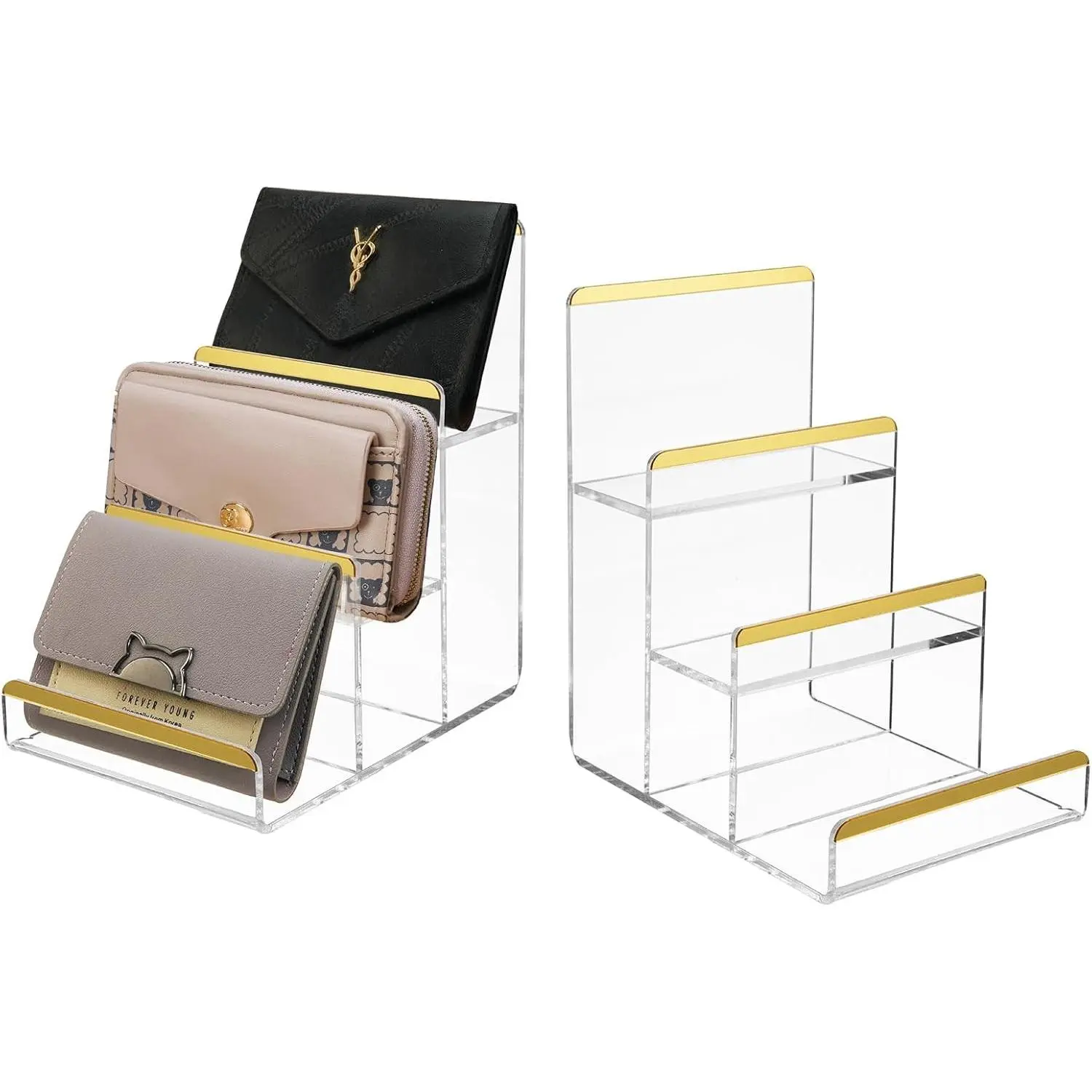 2 Pack 3-Tier Purse Display Stands, Acrylic Wallet Holder Risers Stand, 2-Inch Spacing Clear Clutch Rack Handbag Display Shelf, 4MM Thick Counter Wallet Organizer for Figure Sunglasses Retail Vendor