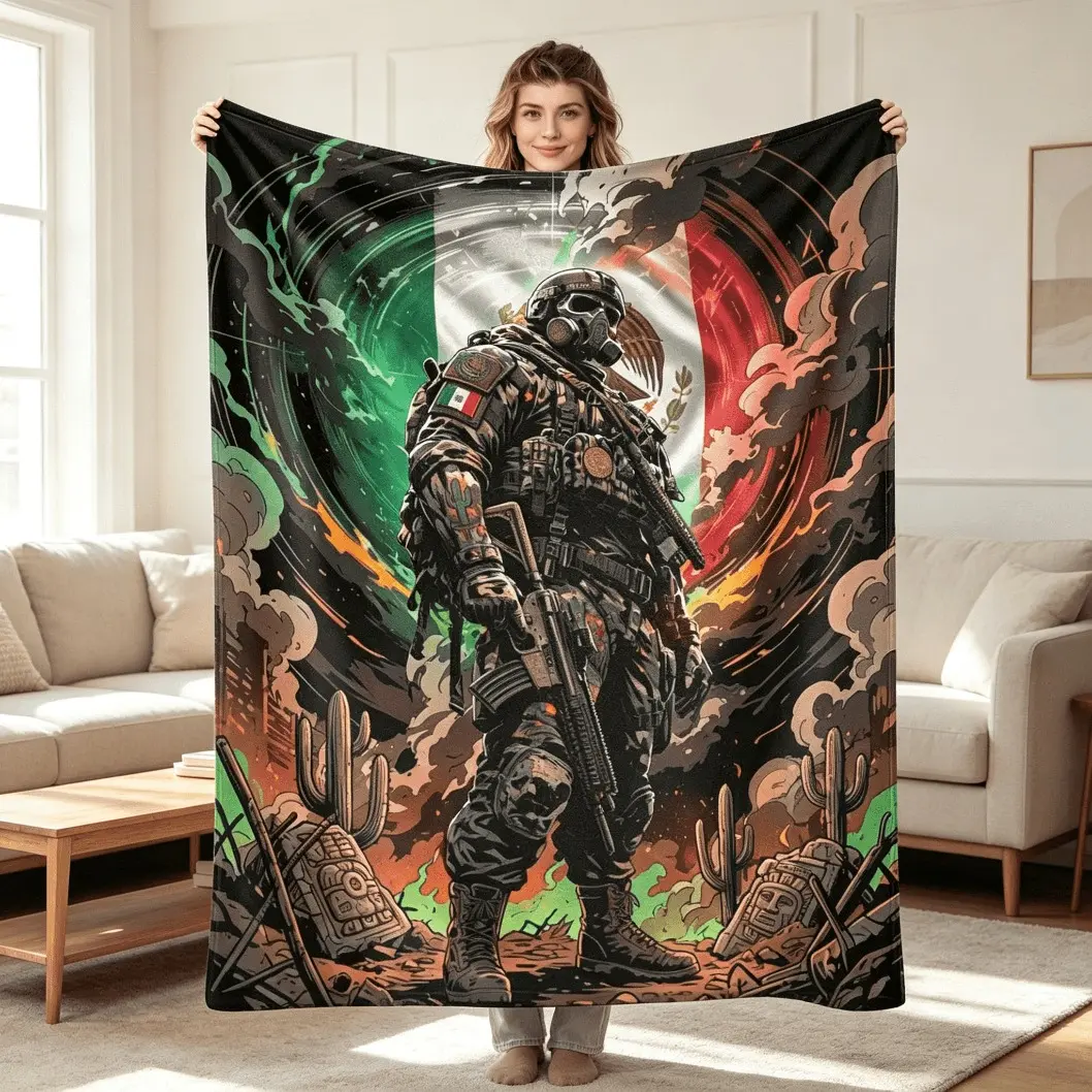 Mexican Soldier Theme Flannel Blanket, Tactical Warrior Flag Pattern Soft Throw Blanket, Ultra Soft Warm Lightweight Cozy Blanket for Living Room Bedroom Office Travel, Adult & Kids Gift