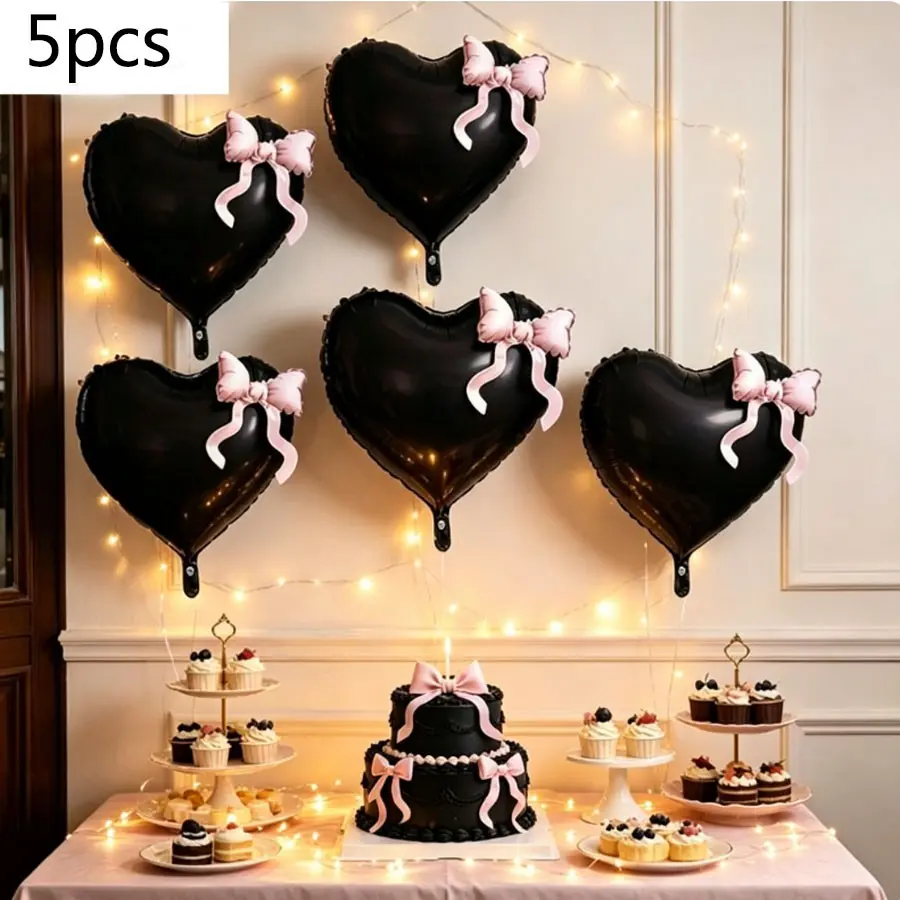 5-Pack 22-Inch Bow Heart Aluminum Foil Balloons, Perfect for Birthday Parties, Halloween, Valentine's Day, Weddings, Indoor Outdoor Decorations