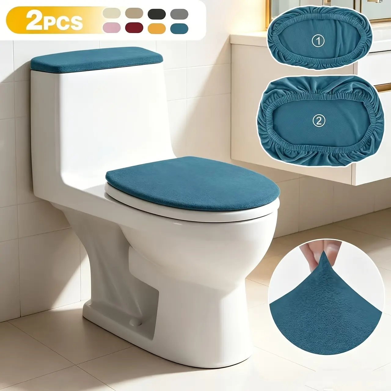 2Pcs Toilet Seat Cover & Tank Cover Set, Soft Bathroom Decor, Elastic Stretch Fit, Machine Washable Toilet Covers, Cozy Protective Covers for Home, Apartment, RV, Guest Bathroom & Everyday Use