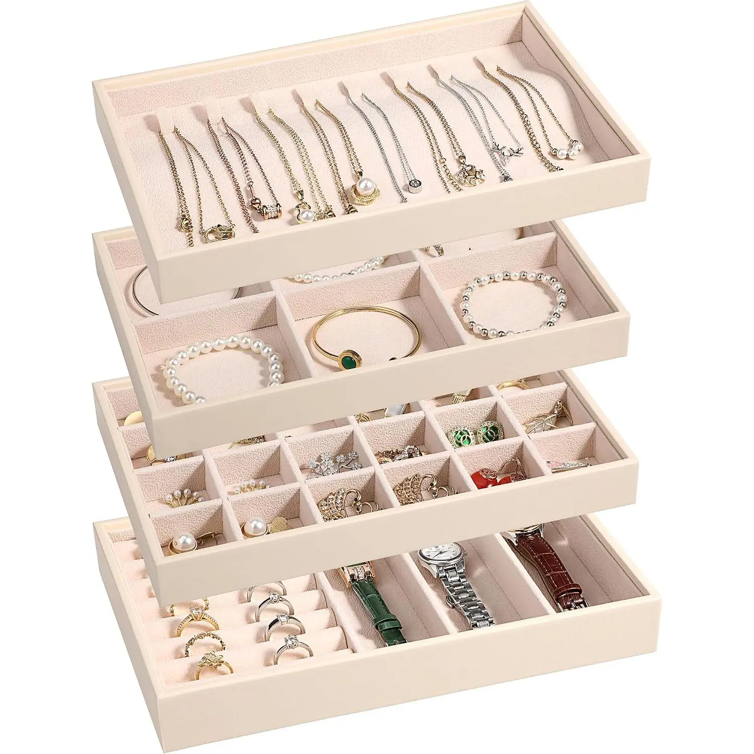 Stackable  Organizer Trays 4 Set,PU Leather  Organizer Drawer, Storage Display Tray for Earring Necklace Rings Bracelet with Removable Dividers,Apricot