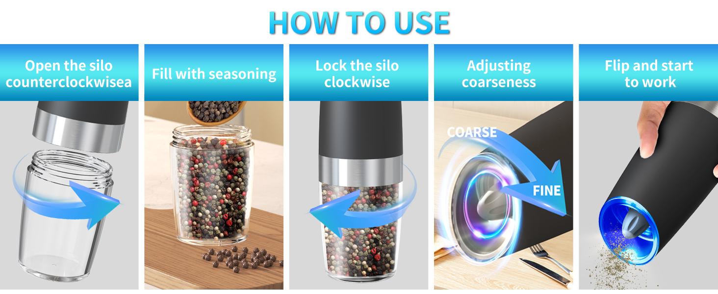 2pcs Gravity-sensing Electric Salt And Pepper Grinder Set, Battery-powered LED Light, One-hand Operation,Local Warehouse, Adjustable Coarseness Grinder, Black Kitchen Gadget, (Grinders Only, No Salt or Pepper Included)