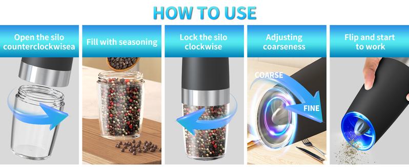 2pcs Gravity-sensing Electric Salt And Pepper Grinder Set, Battery-powered LED Light, One-hand Operation,Local Warehouse, Adjustable Coarseness Grinder, Black Kitchen Gadget, (Grinders Only, No Salt or Pepper Included)