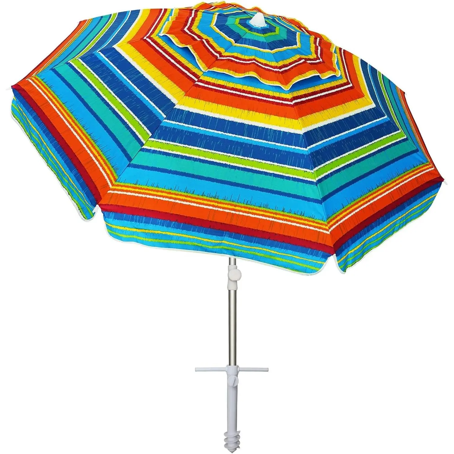 6.5ft Striped Heavy-Duty Wind-Resistant Beach Umbrella with Metal Pole, Removable Sand Anchor, UV Protection, Tilt Adjust & Carry Bag for Beach, Patio, Removable Anchor
