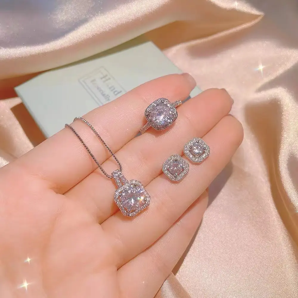 3-Piece Light Luxury Jewelry Set for Women, Silver Plated Princess Cut Halo Necklace, Ring & Studs with Cubic Zirconia, Anti-Tarnish Gifts, Women's Fashion, Female, Three-Piece Jewelry Set