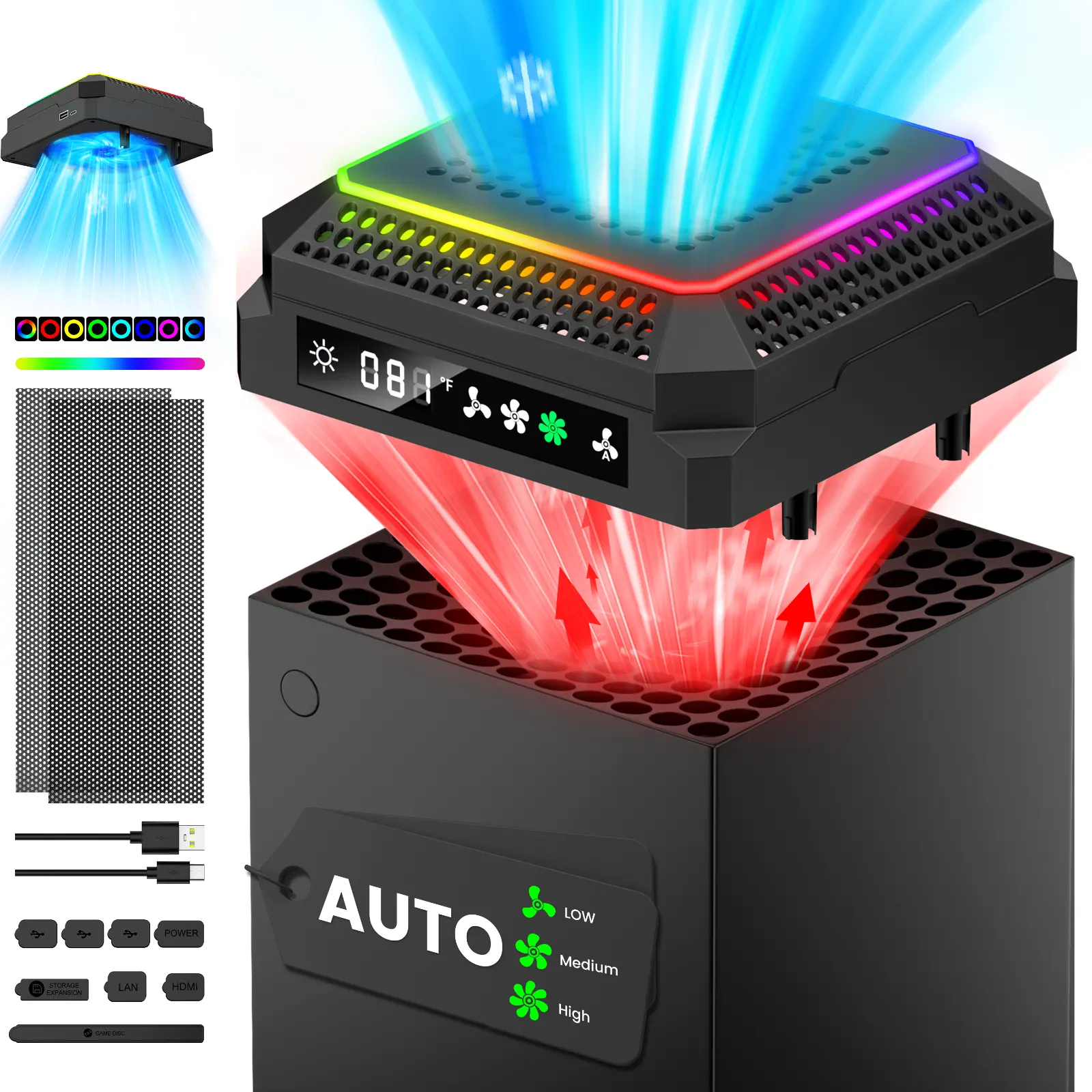 Xbox Series X Console Air Cooling Pad with LED Temp Show, Type-C, 11 LED Light Modes, 1600rpm Gaming Fans, 3-Level Fan Speed, Anti-Touch Design, Whisper-Quiet Temp Adjustment, 2 USB Ports, Auto Cooling, Intelligent Chip, Charging and Lighting Effects, Led