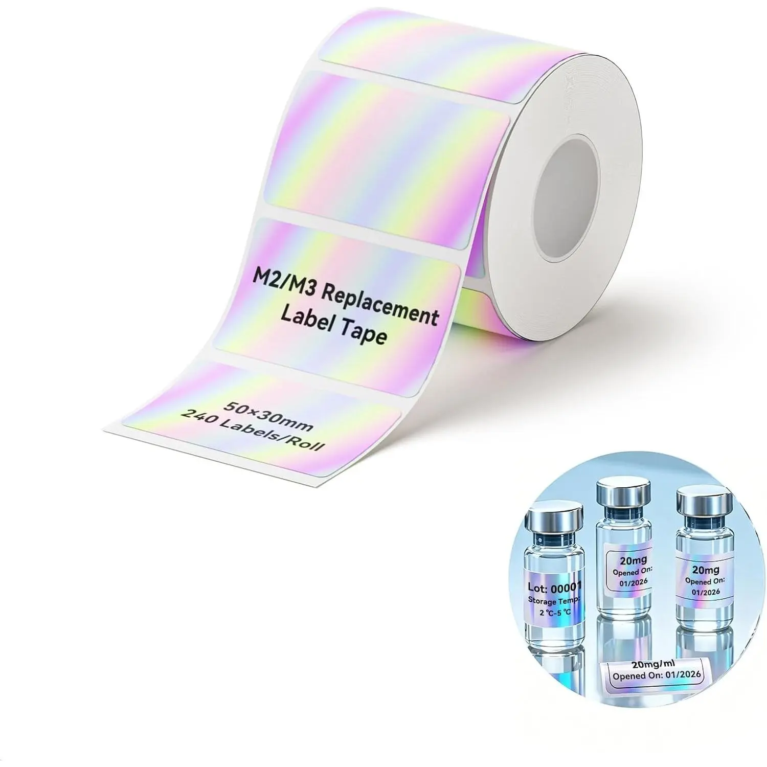 M2/M3 Thermal Transfer Labels 1.97''×1.18'', 240 Tapes/Roll, for M2/M3 Label Maker, Long Storage Time, for Small Businesses, Cosmetics, Vitamins Labeling, Hologram