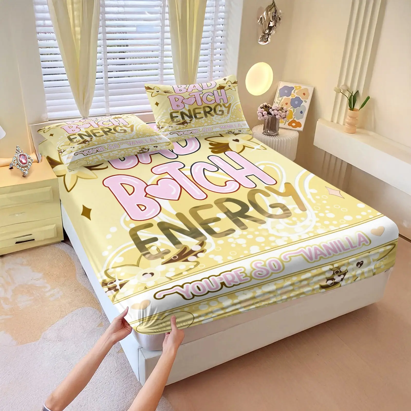 3Pcs Bad Bitch Energy Text Fitted Sheet Set, Digital Print Bedding Set, Machine Washable, Cute Coquette Bold Statement Aesthetic Bed Linens for Teen Girls Bedroom Makeover. 2 Pillowcase, No Filling