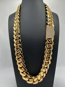 22mm Miami Cuban Chain – Gold-plated necklace with fully paved clasp diamond lock, plain men's Miami Cuban chain, Valentine's Day gift, hip-hop classic luxury style Cuban chain, perfect for dates and parties