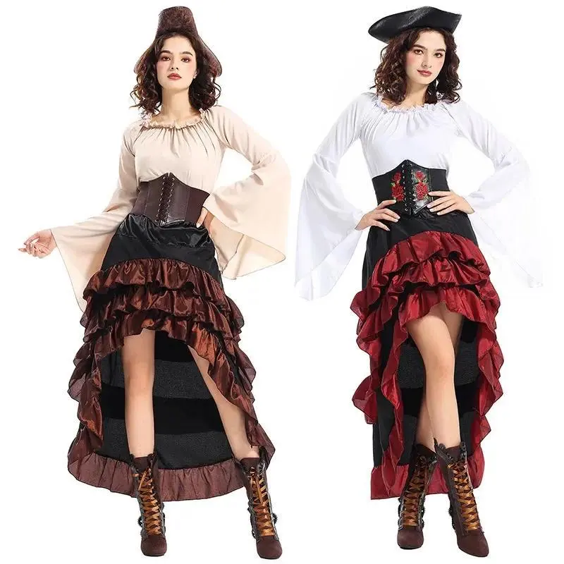 Women's 4-Piece Sleeveless PVC Resin Cosplay Pirate Outfit - Renaissance Blouse, Steampunk Waist Corset Bustier Top, Gothic Asymmetrical Skirt, Hat (Toys & Hobbies, Fantasy & Sci-Fi, TV & Movies)