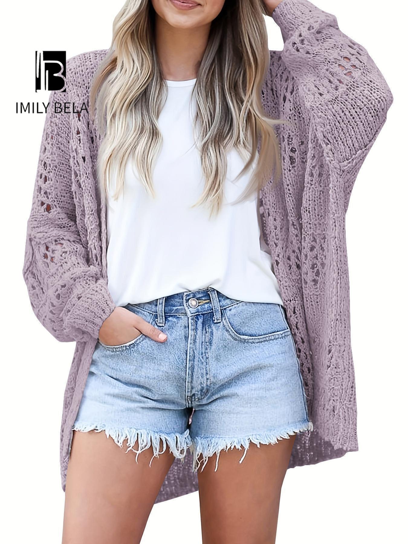 Women's Hollow Out Open Front Cardigan Sweater, Casual Loose Long Sleeve Knit Cardigans Knitwear for Daily Wear, Autumn Fashion Outerwear, Ladies Clothes
