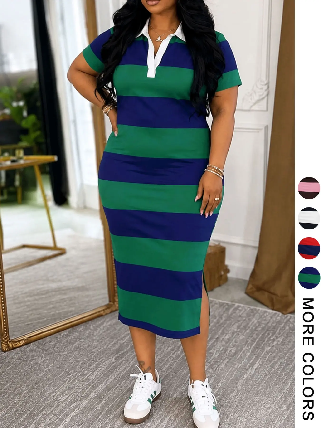 Plus Size Women Striped Polo Neck Bodycon Midi Dress Short Sleeve Collared Casual Slim Fit Side Slit Dress For Daily Wear