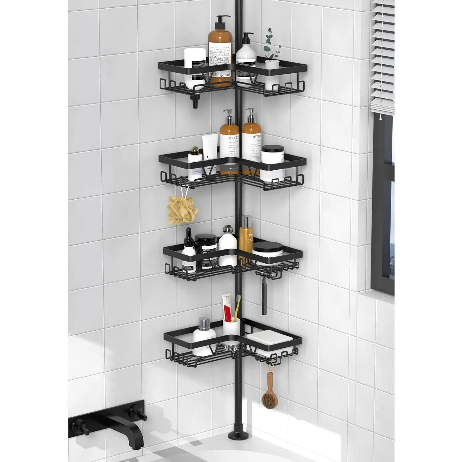 Modern Synthetic Corner Shower Tension Pole, 4-Tier Shelf Bathroom Organizer with 28 Hooks, Soap & Razor Holders, Heavy Duty, Height Adjust 25-114.2 in, Space-Organizing Solution for Family Bathtubs & Renters