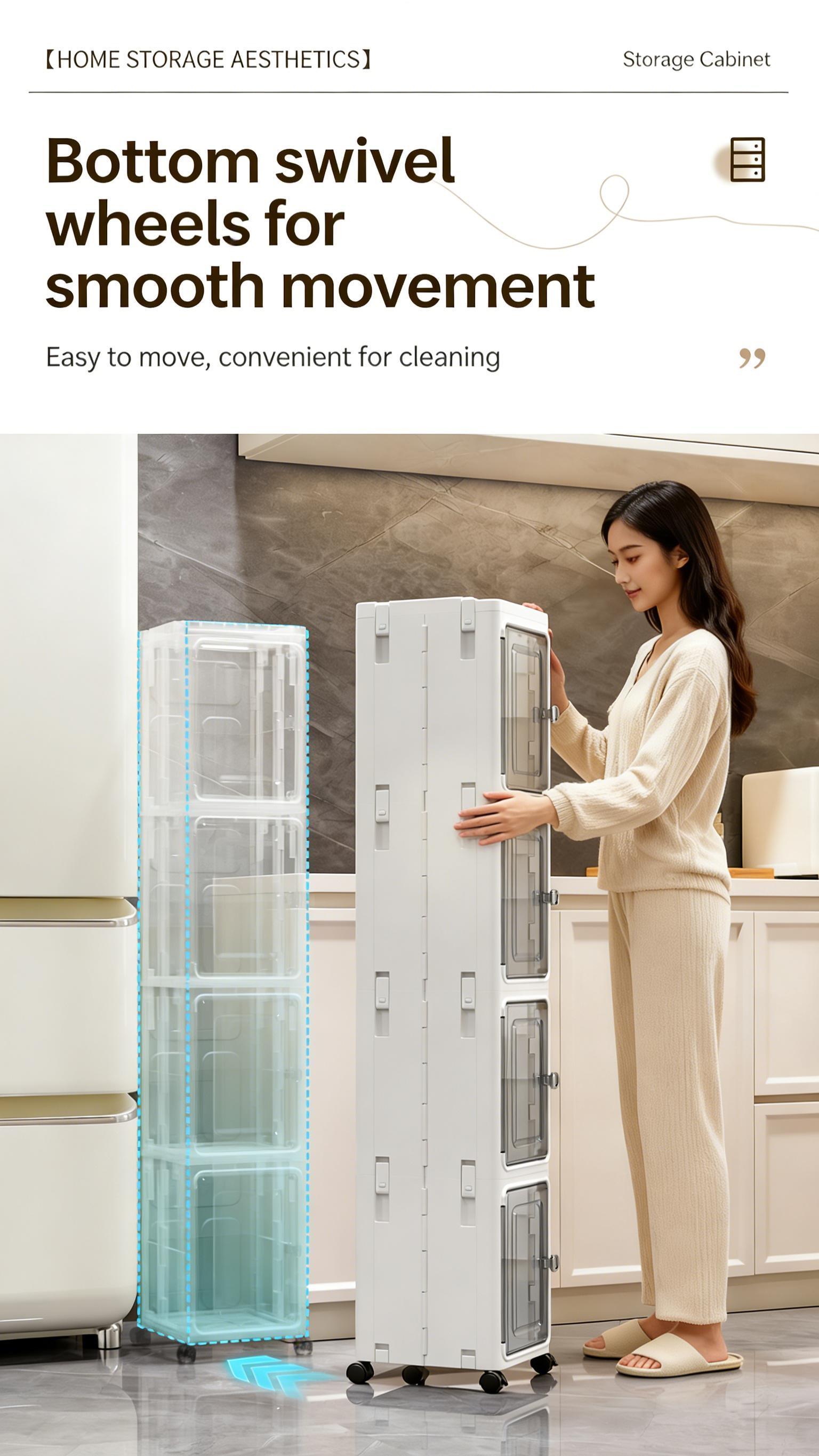 Stackable 5-Tier Plastic Storage Boxes with Wheels & Lids, Folding Design for Home Office Dorm Organization (White)