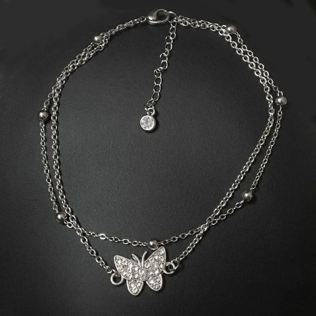 Shiny Zircon Butterfly Double Layer Anklet Silver Adjustable Women Daily Matching Foot Jewelry Accessory