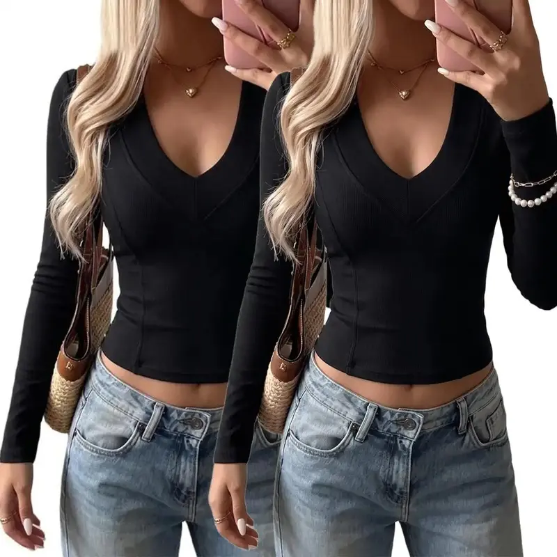 ASANDY 2 Pack Women Y2K Deep V Neck Long Sleeve Crop Top Slim Fitted Trendy Casual Basic Tee Stretchy Athleisure Workout Top Streetwear Going Out Top For Daily Outdoor Everyday Fashion Wear